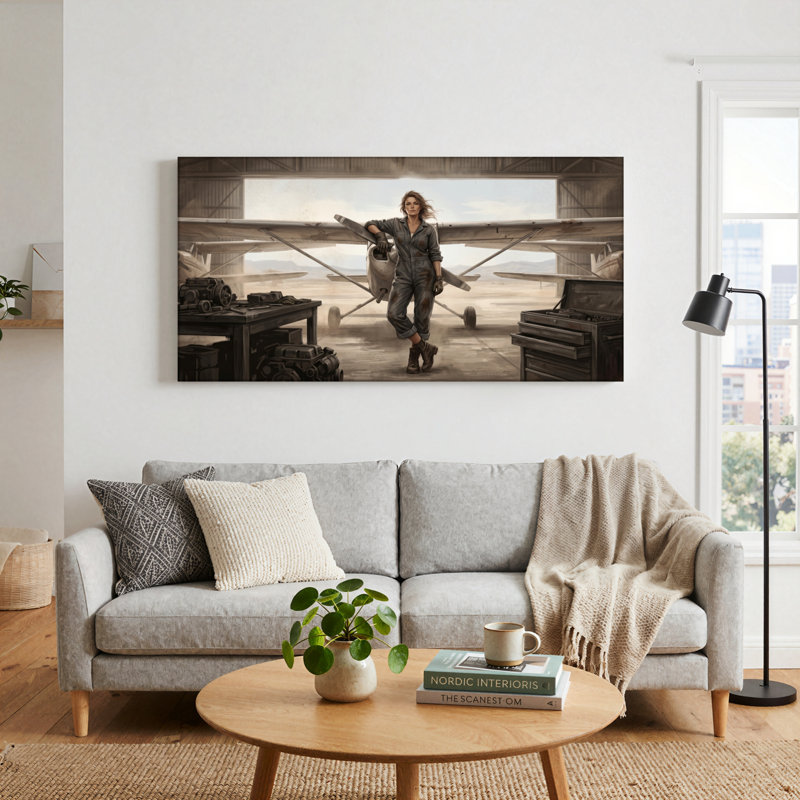 Ensemble de 1 tableau sur toile représentant une femme aviatrice, L 40 po x H 20 po, Toile tendue