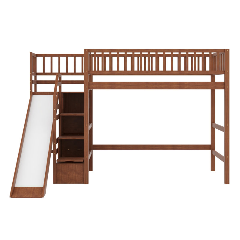 Lit mezzanine polyvalent avec glissade, escalier de rangement et lumière DEL, Noyer