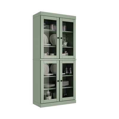 Garde-manger 32 po Kaniesha en bois massif avec portes en verre transparent et tablettes réglables