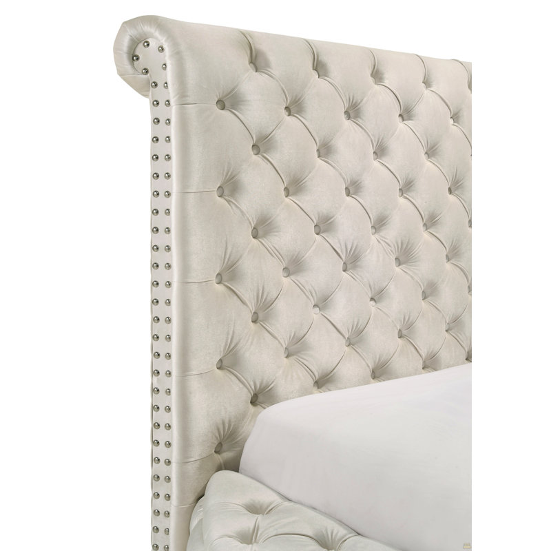Lit de rangement en velours capitonné 1Pc, Ivoire ivoire