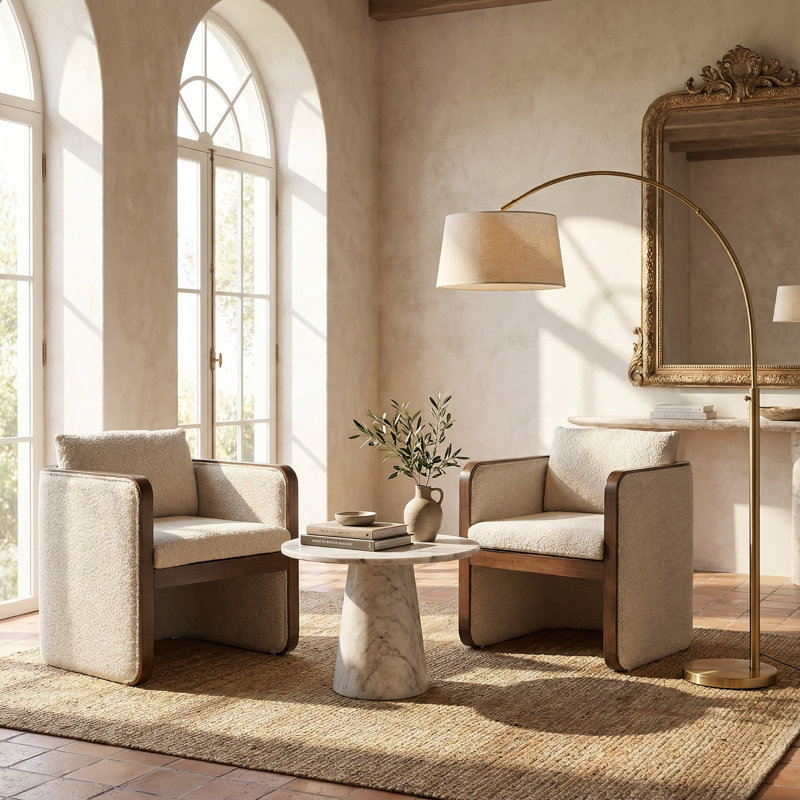 Calder Mid-Century Modern Upholstered Dining Armchairs With Solid Wood Frame, Boucle Almond/Walnut