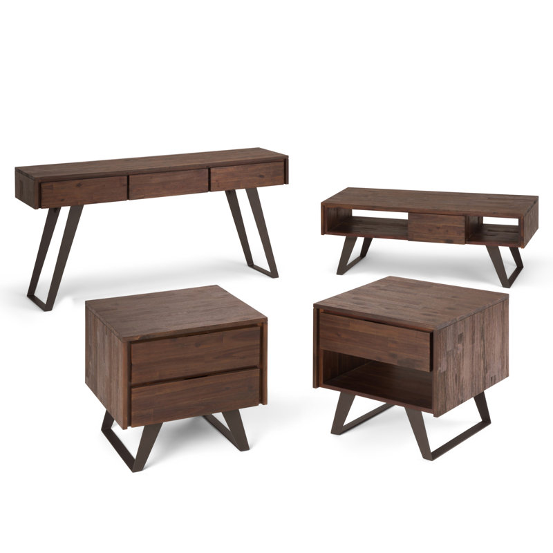 Lowry 22"W Solid Acacia Wood Modern Industrial Square End Table with Drawer, Open Shelf and Angled Legs