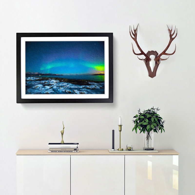The Northern Lights Aurora Borealis in Norway - Picture Frame Painting Print, 48cm H x 65cm W x 2cm D, Black Framed
