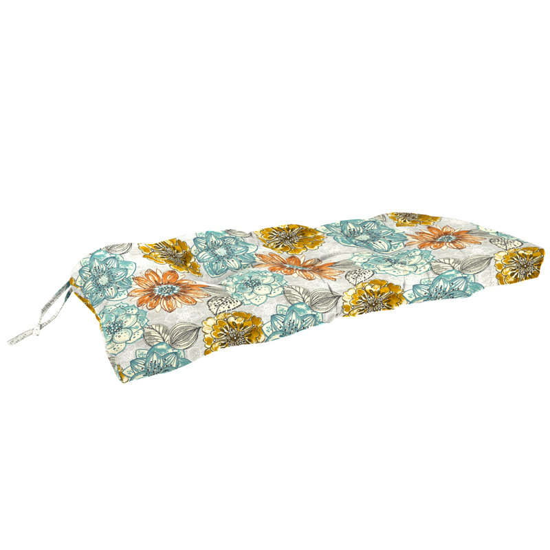 43" x 19" Outdoor Wicker Bench Cushion with Ties, Blue Floral