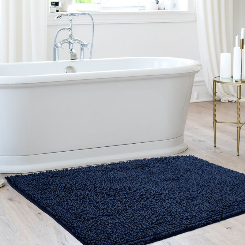 Chenille Bath Mat - Luxurious Soft Microfiber Absorbent Bathroom Rug, Non-Slip, Quick Dry (Set of 4), Navy, 60" L x 24" W