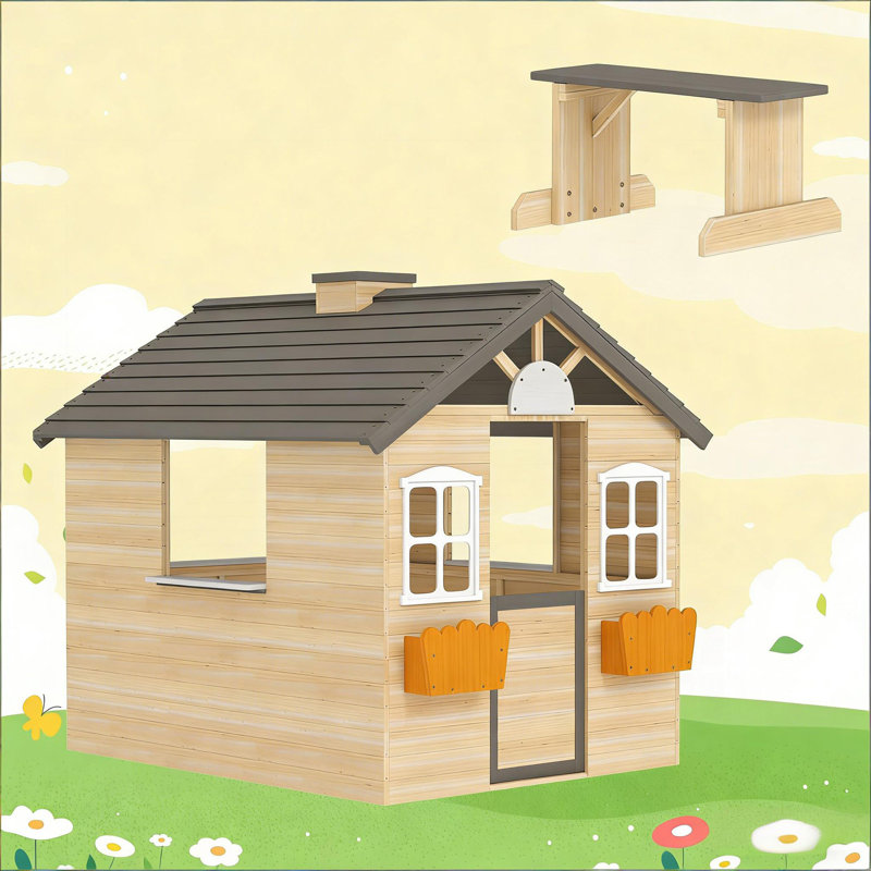 Maisonnette en bois pour enfants, Gris / naturel / orange / blanc