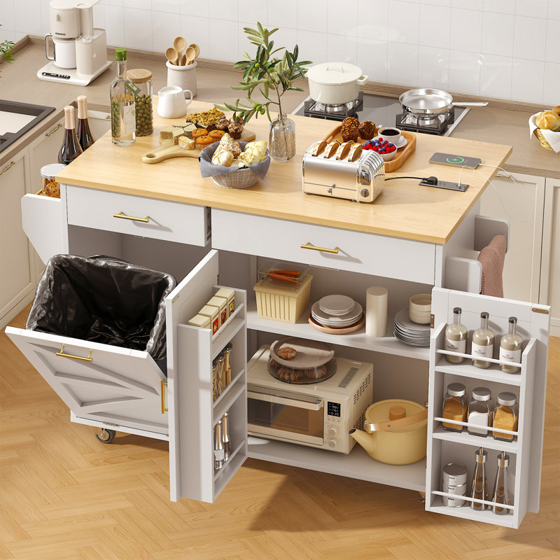 Rolling Kitchen Island With Power Outlet & Drop Leaf, Mobile Kitchen Island Cart With Tilt-Out Trash Can Storage, Spice Rack & Towel Rack And Adjustable Shelf