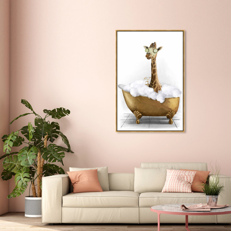 Bathtime Giraffe - Peinture sur toile, Toile encadrée, H 15 po x l 10 po, Doré