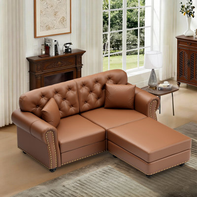 Mid-Century Modern 63" Upholstered Sofa With Nailhead Trim And 2 Ottomans, Faux Leather, Chesterfield Sofa With Button Tufted