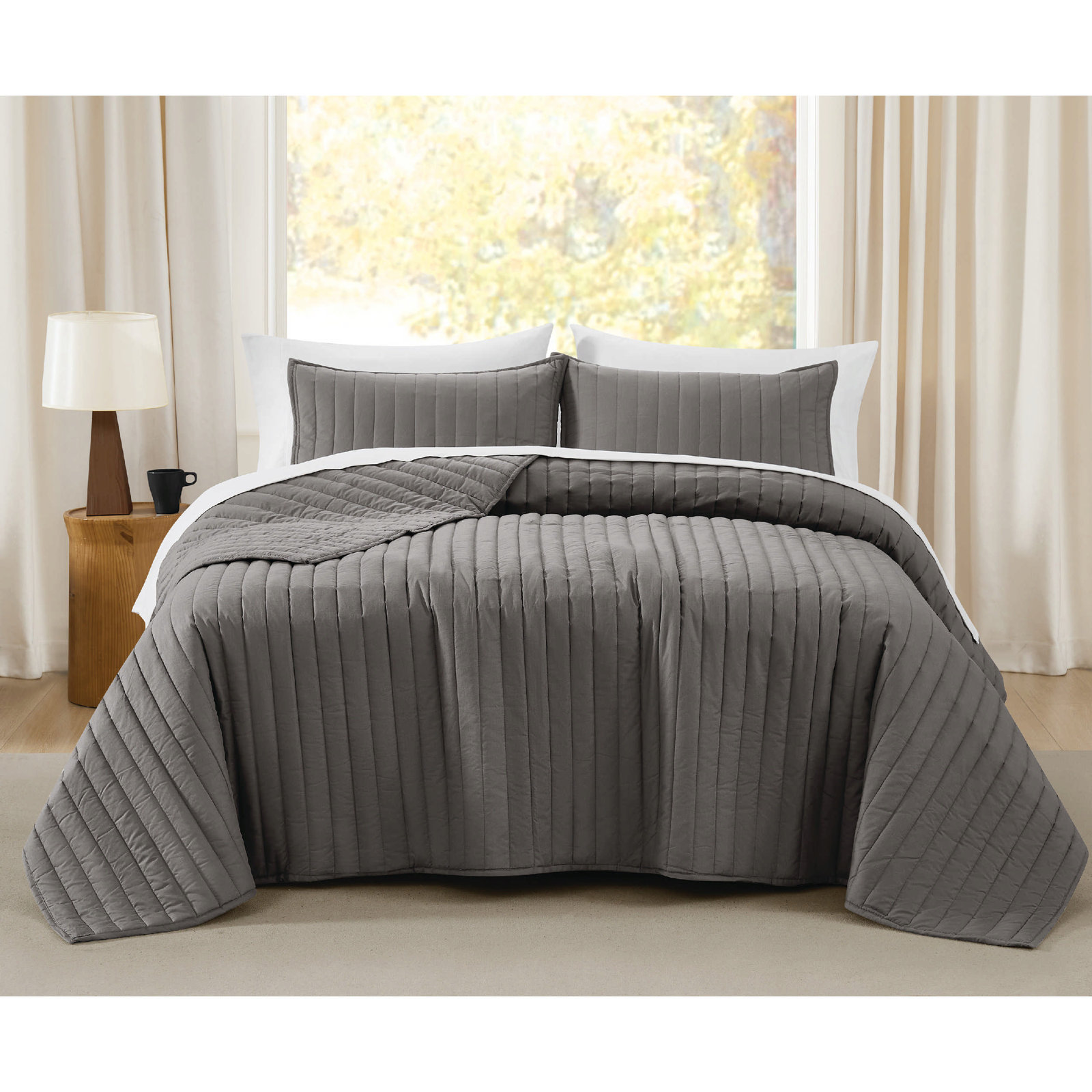 Brooklyn Loom Oversized Cotton Percale Quilt Set, Gray, King Quilt + 2 King Shams