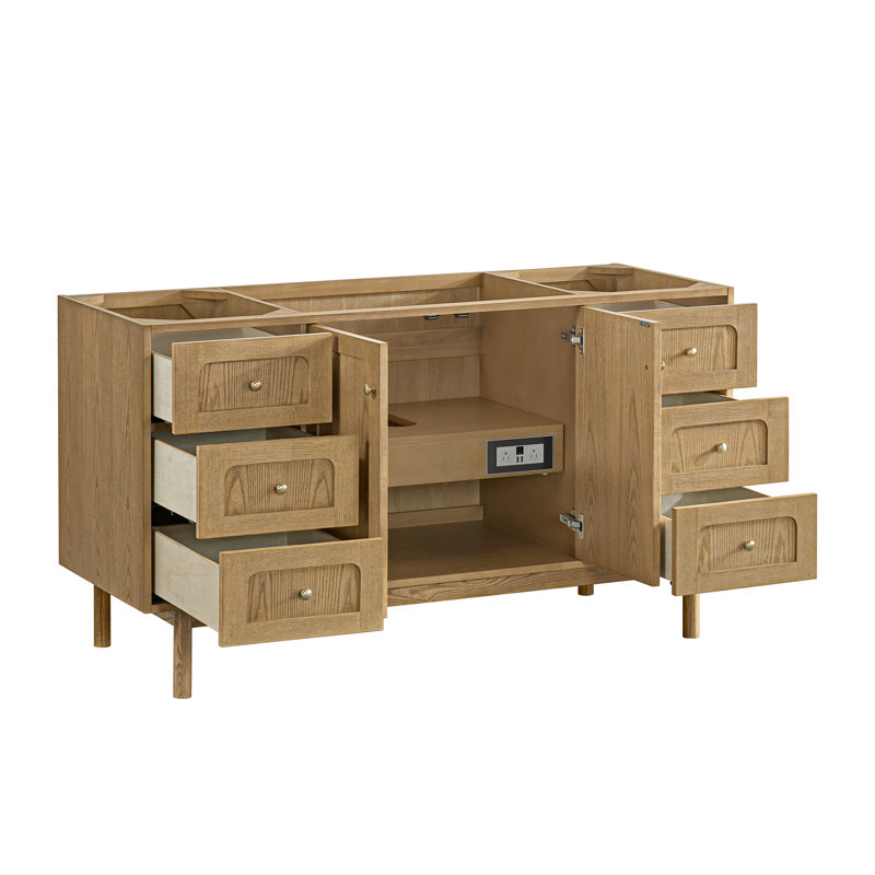 Laurent 60"W Single Vanity W/ Freepower Wireless Charger, Eternal Jasmine Pearl, Light Natural Oak