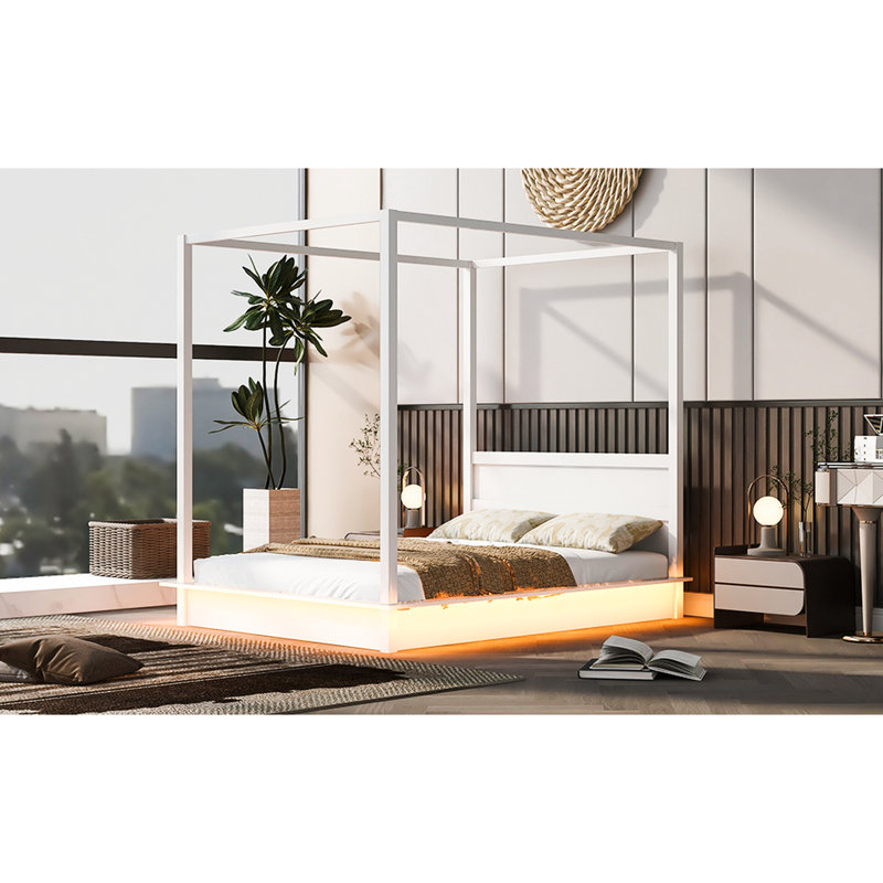 Grand lit à baldaquin blanc avec DEL, lit plateforme, pièce maîtresse de chambre à coucher intemporelle à DEL pour espace, look personnalisable