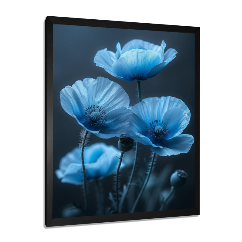 Bleu, noir, nature, Nuance, coquelicots I - coquelicots, art mural, salon, Toile encadrée noire simple