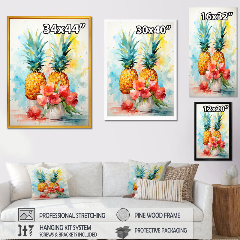Aquarel ananas, peinture - Art mural ananas, Cadre simple argenté, H 32 po x l 24 po x P 1 po