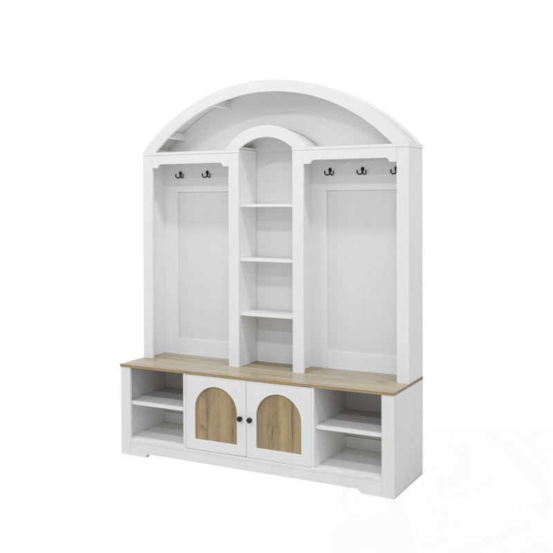 Multifunctional Hall Tree with Storage and Hooks, White/Walnut