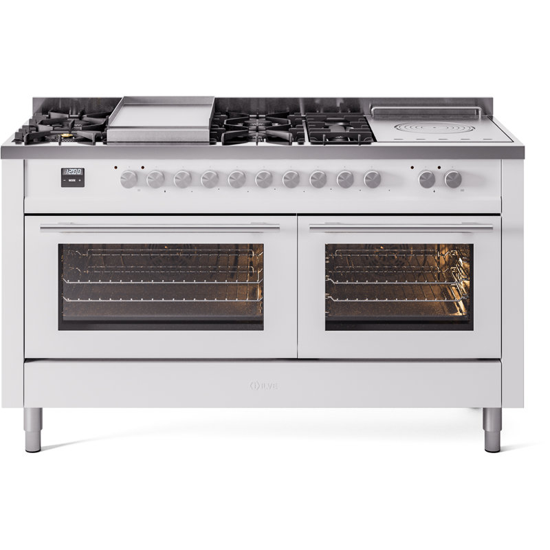Cuisinière à double combustible de 60 po ILVE Professional Plus II, 7 brûleurs scellés, plaque chauffante, plateau français (porte vitrée)