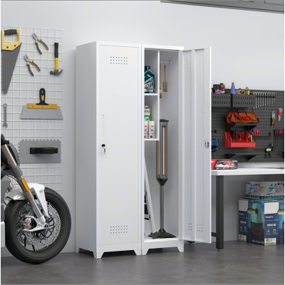 Armoire de rangement à balai en métal, armoire à balai étroit de 65 po avec crochets, armoire de rangement mince pour salle de bain avec tablettes, armoire de rangement de nettoyage robuste pour buanderie, gymnase, bureau, garage, tablettes utilitaires