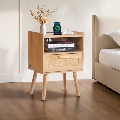 Rattan Nightstand End Table with Open Shelf Boho Bedside Table