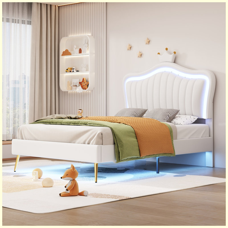 Mikhale Modern Velvet Platform Bed with Tufted Headboard and LED Lights, Full, White