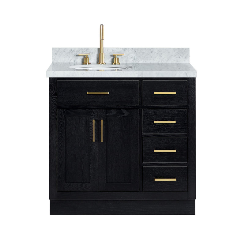 ARIEL HEPBURN 37 IN RIGHT OFFSET RECTANGULAR SINK VANITY 1,5 IN, Left, Oval, Black Oak/Satin Brass