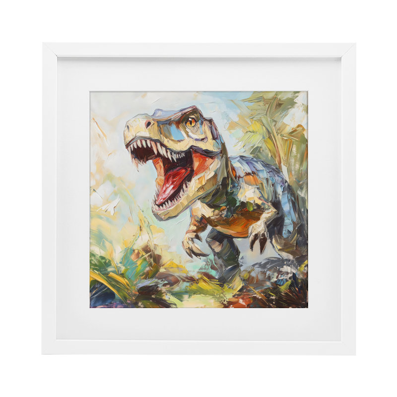 Enchanting T-Rex Roar, impression sous verre encadrée, design by Creative Studio, Cadre blanc côtier, H 16 po x l 16 po