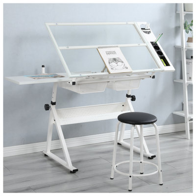 Table à dessin réglable en verre trempé avec structure en acier, finition blanche