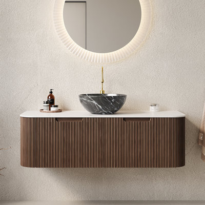 Meuble-lavabo double 48 po avec lavabo vasque en céramique noir, comptoir blanc Carrara, armoire flottante avec 2 tiroirs à fermeture en douceur, finition noir mat ou noyer foncé, pré-assemblé