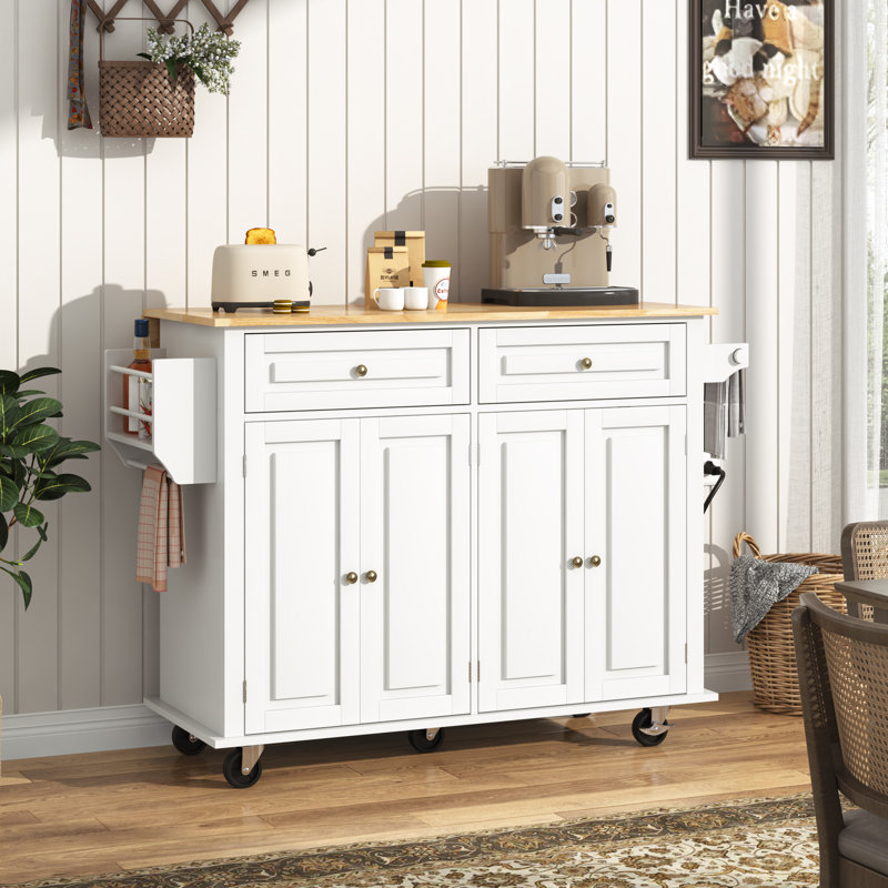 51" Movable Kitchen Island with Drop Leaf and Power Outlet, Rolling Island Cart with Rubber wood Countertop, Island Table on Wheels for Kitchen w/2 Drawers, Spice Rack, Towel Bar, Adjustable Shelves