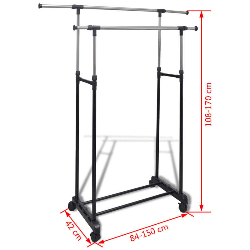 Rebrilliant Adjustable Clothes Rack 4 Castors 2 Hanging Rails