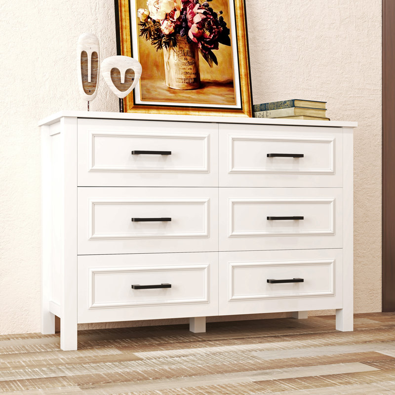 Commode double 47 po à 6 tiroirs avec prise de courant intégrée, Blanc