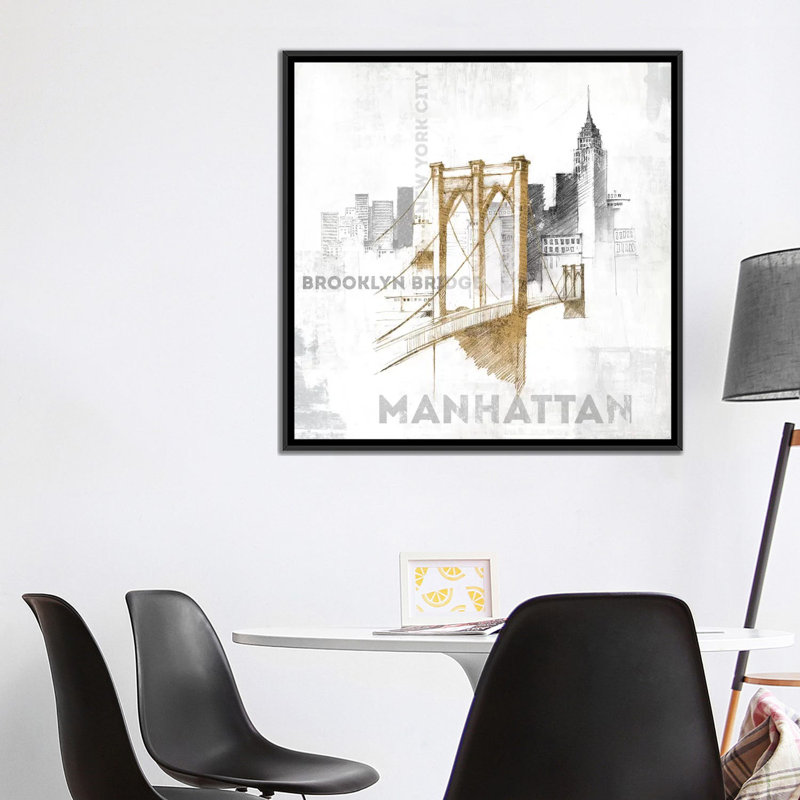 « brooklyn bridge », art textuel sur toile tendue, H 18 po x l 18 po x P 1,5 po, Toile avec cadre noir, Pas de tapis