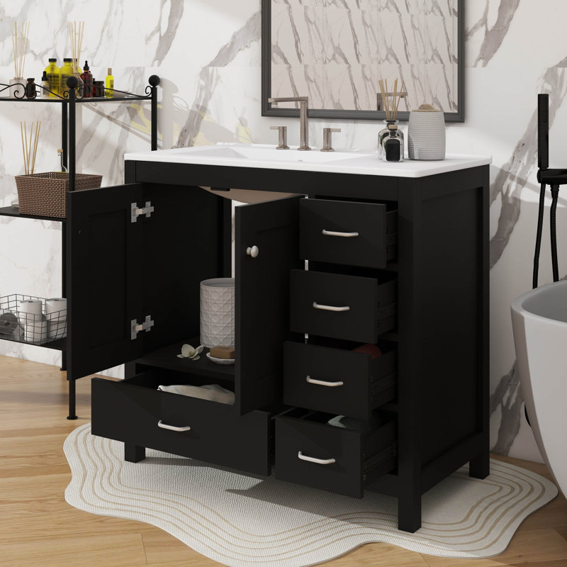 Meuble-lavabo de salle de bain 36 po avec lavabo 36 po - 5 tiroirs pratique, Noir, Blanc