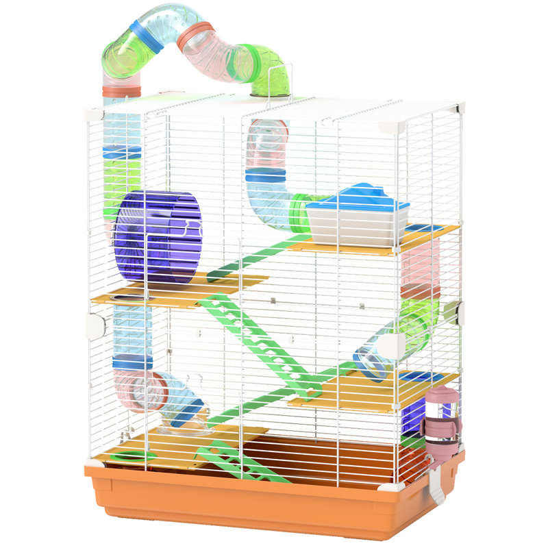 Cage à hamster à 5 niveaux avec tubes et tunnels, abri pour petits animaux, y compris une bouteille d'eau, un plat de nourriture et une roue d'exercice, orange