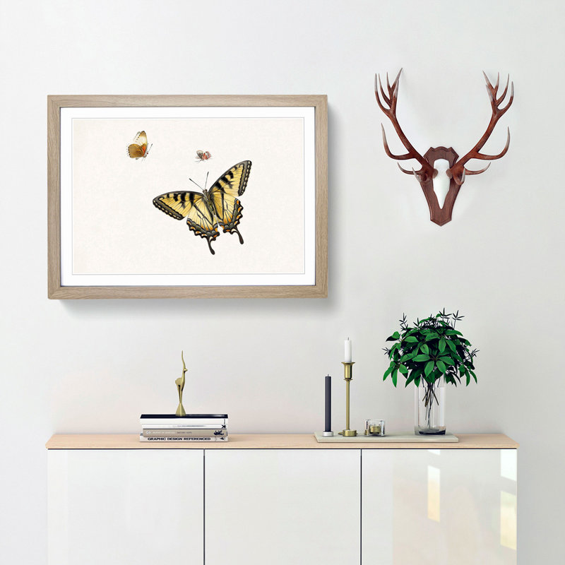 Three Butterflies by Herman Henstenburgh - Picture Frame Painting Print, Oak Framed, 48cm H x 65cm W x 2cm D