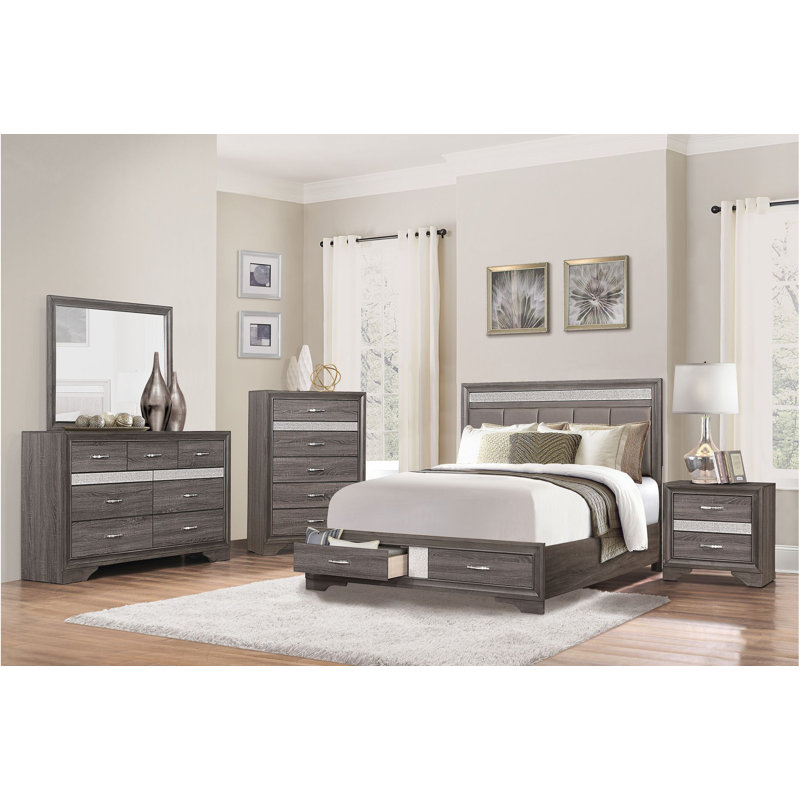 Ensemble de chambre à coucher standard Amorita, Gris, 5 pièces : lit, table de chevet, commode, miroir, Très grand