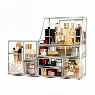 Organisateur de maquillage de luxe en verre avec cadre en métal bronze antique, coffret de rangement transparent pour cosmétiques, soins de la peau, parfums, bijoux, porte-pinceaux et tiroirs (argent)