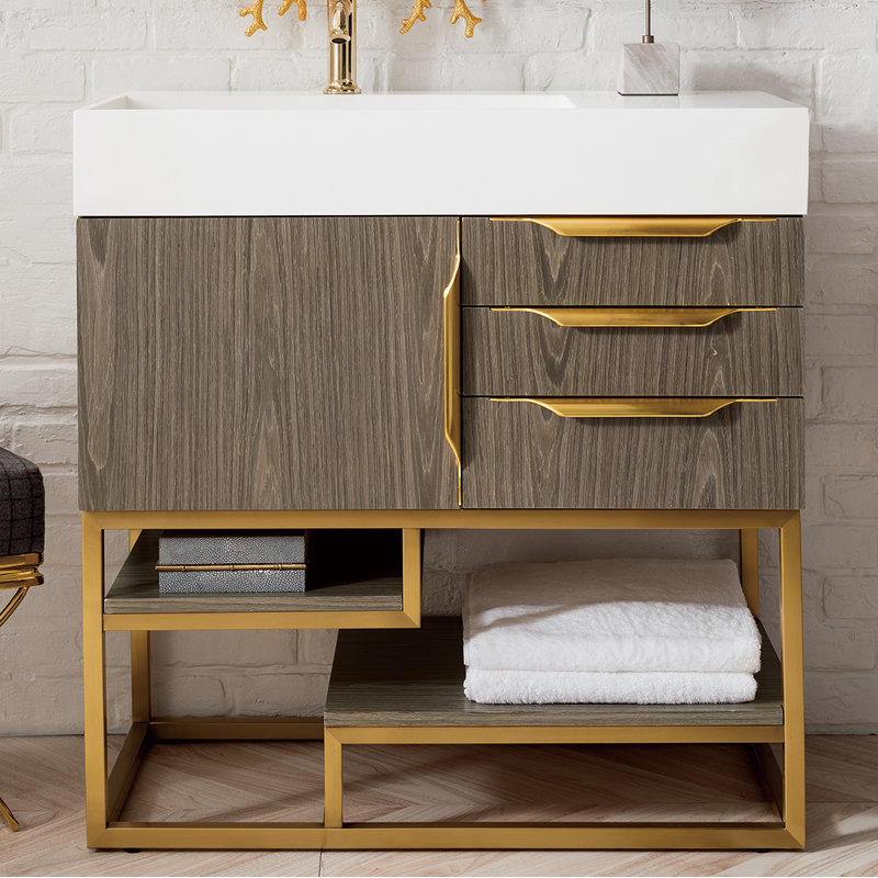 Columbia 35.31'' W Single Vanity, Glossy White, Ash Gray, Radiant Gold
