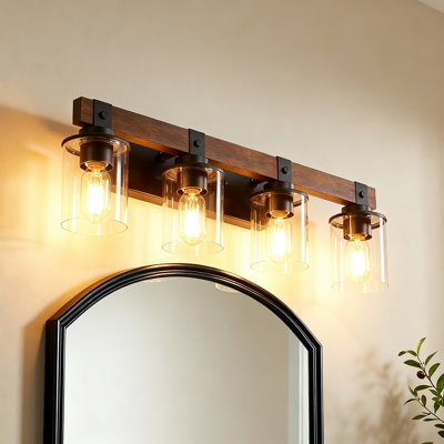 4-Light Rustic Industrial Bathroom Vanity Light Wall Mounted with Clear Glass Shades and Wood Accents
