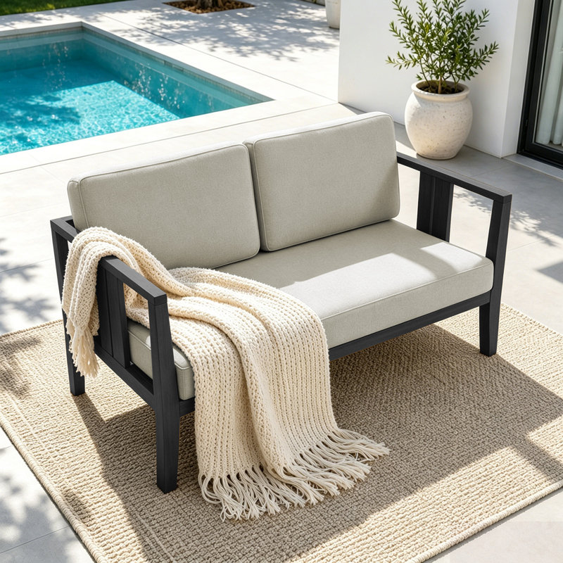 Causeuse d'extérieur en bois de teck avec coussin et accoudoirs Junco, Chameau clair, Noir