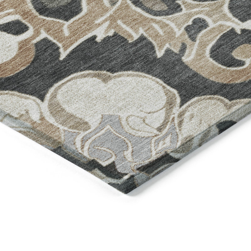 3' X 5' Charcoal And Taupe Damask Washable Indoor Outdoor Area Rug