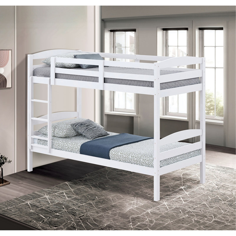 Lit simple au-dessus d'un lit superposé blanc, style transitionnel, bois massif et d'ingénierie, conception à lattes arquées, joint, lit blanc pour chambre à coucher, serrure à insert, vitrine