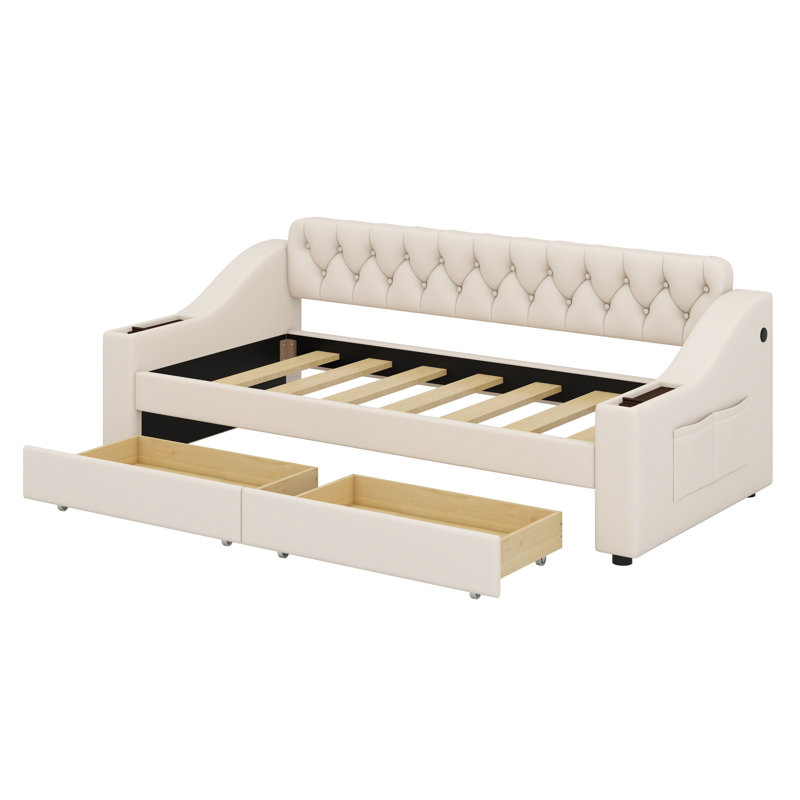 Lit de jour rembourré avec accoudoirs de rangement et port USB, Beige
