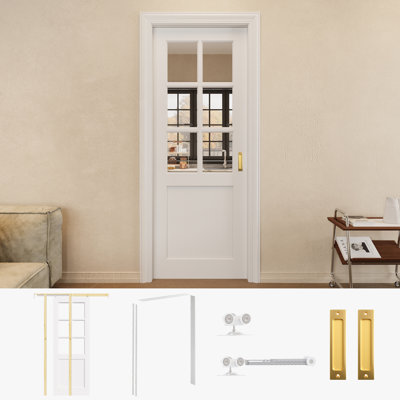 Porte de garde-robe coulissante en verre transparent 28 po x 80 po à 6 verres avec quincaillerie dorée et cadre de porte blanche