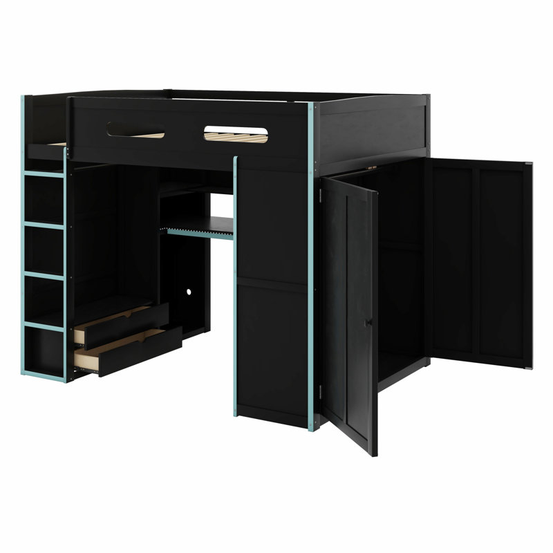 Lit mezzanine en bois avec bureau, garde-robe, grand espace de rangement et lumière DEL RVB, Bleu nuage / noir