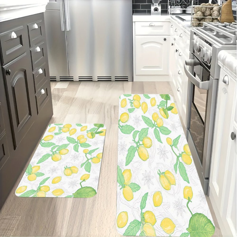 Lemon Element Print, 2 Pcs Non Slip Kitchen Mats, Yellow/Green Floral