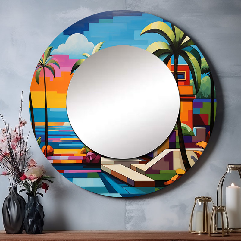 Pop Art Palm Beach en couleur I - miroir Pop Art, miroir mural rond unique Glam, impression sur métal, 36 po x 36 po