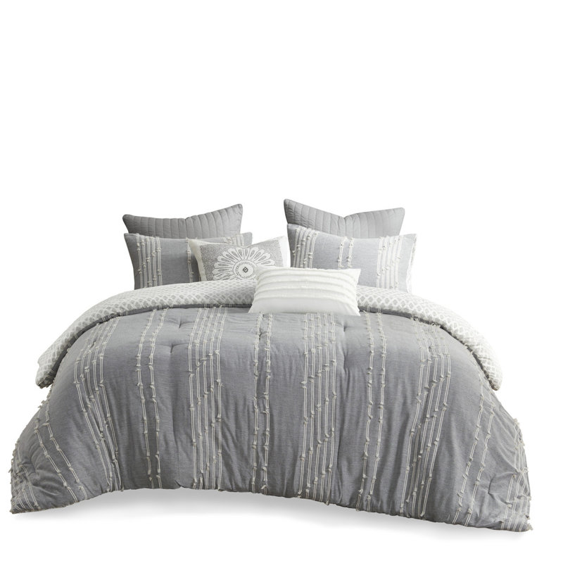 3 Piece Gray Cotton Comforter Full/queen. 100% Cotton. Stripes On Grey Ground. Reverse With Design. Hidden Bar Tacking. 2 Matching Shams. Machine Washable. Full/queen Bedding . Colored Embroidered