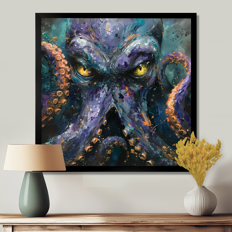 Mauve, vert, monstre levant, pieuvre - monstres, art mural, salon, H 16 po x l 16 po, Cadre simple noir