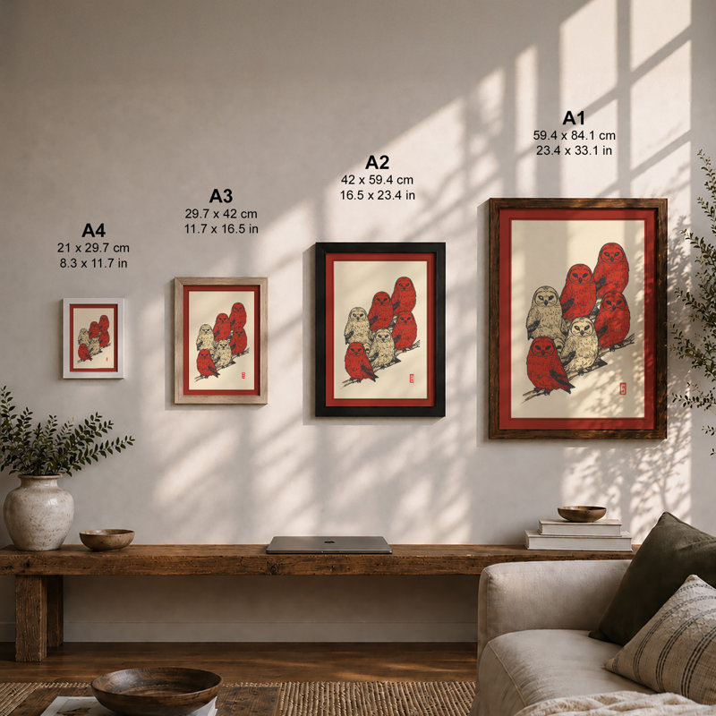 Five Owls Arranged Japandi - Framed Print, Unframed, A4 - 29.7 x 21.0 cm