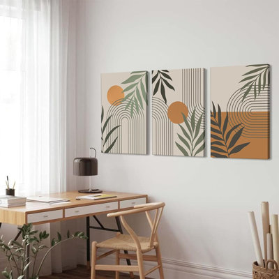 3 pièces Boho sauge toile murale plante verte ligne géométrique soleil peinture photos décoration murale beige minimaliste affiches impressions pour salle de bain salon chambre décoration de la maison
